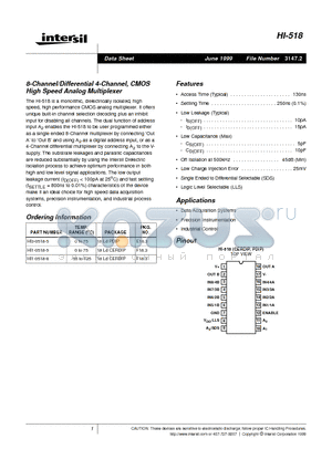 HI3-0518-5 datasheet - 8-Channel/Differential 4-Channel, CMOS High Speed Analog Multiplexer