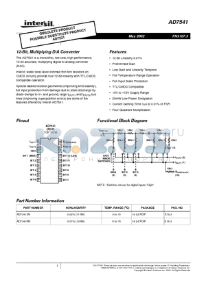 AD7541_02 datasheet - 12-Bit, Multiplying D/A Converter