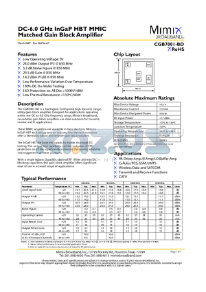 CGB7001-BD datasheet - DC-6.0 GHz InGaP HBT MMIC Matched Gain Block Amplifier