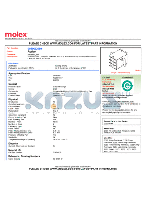 19-09-2069 datasheet - 2.36mm (.093) Diameter Standard .093 Pin and Socket Plug Housing With Positive Latch, UL 94V-2, 6 Circuits
