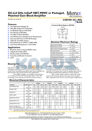 CGB7001-SC datasheet - DC-6.0 GHz InGaP HBT, MMIC or Packaged, Matched Gain Block Amplifier