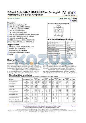 CGB7001-SC-0G0T datasheet - DC-6.0 GHz InGaP HBT, MMIC or Packaged, Matched Gain Block Amplifier