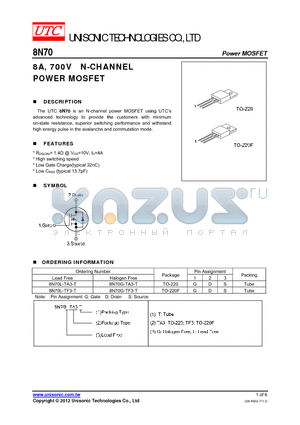 8N70G-TF3-T datasheet - 8A, 700V N-CHANNEL POWER MOSFET