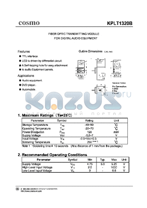 KPLT1320B datasheet - FIBER OPTIC TRANSMITTING MODULE FOR DIGITAL AUDIO EQUIPMENT