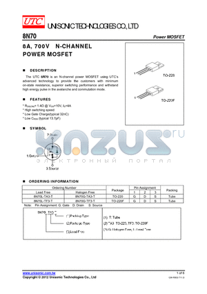 8N70L-TA3-T datasheet - 8A, 700V N-CHANNEL POWER MOSFET