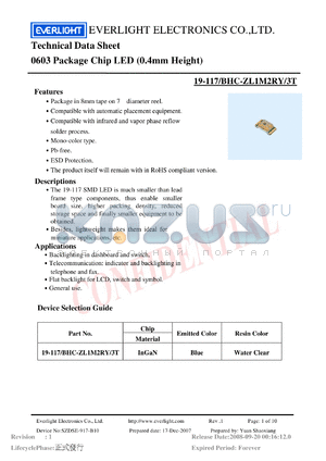 19-117-BHC-ZL1M2RY-3T datasheet - 0603 Package Chip LED (0.4mm Height)