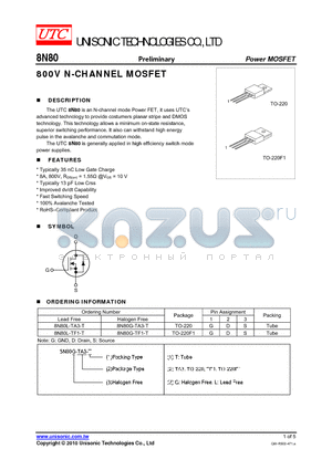 8N80L-TA3-T datasheet - 800V N-CHANNEL MOSFET