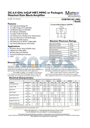 CGB7003-SC datasheet - DC-6.0 GHz InGaP HBT, MMIC or Packaged, Matched Gain Block Amplifier