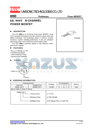 8N90L-TA3-T datasheet - 8A, 900V N-CHANNEL POWER MOSFET
