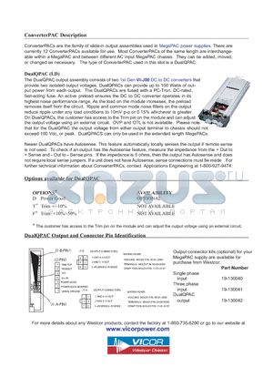 19-130040 datasheet - ConverterPACs are the family of slide-in output assemblies used in MegaPAC power supplies