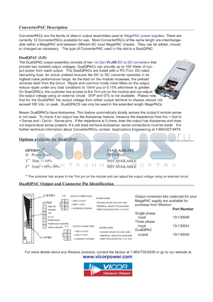 19-130042 datasheet - ConverterPACs are the family of slide-in output assemblies used in MegaPAC power supplies