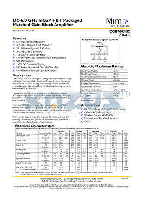 CGB7003-SC-0G00 datasheet - DC-6.0 GHz InGaP HBT Packaged Matched Gain Block Amplifier