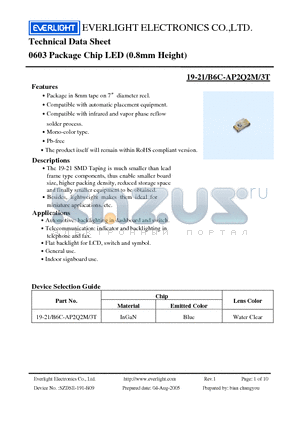 19-21-B6C-AP2Q2M-3T datasheet - 0603 Package Chip LED (0.8mm Height)