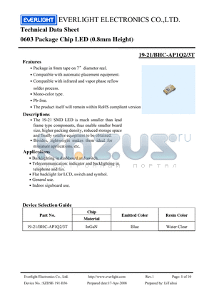 19-21-BHC-AP1Q2-3T datasheet - 0603 Package Chip LED (0.8mm Height)