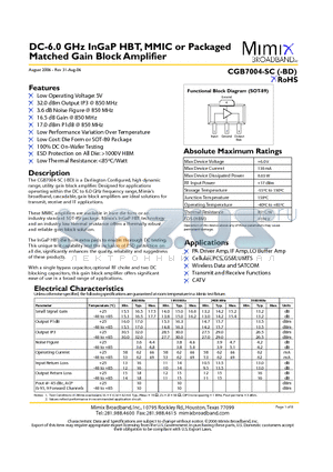 CGB7004-SC datasheet - DC-6.0 GHz InGaP HBT, MMIC or Packaged Matched Gain Block Amplifier