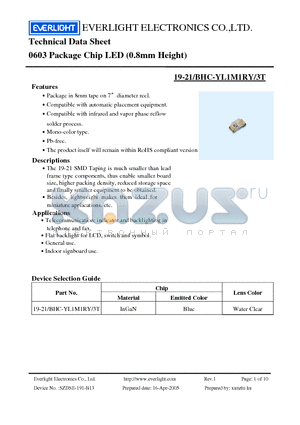 19-21-BHC-YL1M1RY-3T datasheet - 0603 Package Chip LED (0.8mm Height)