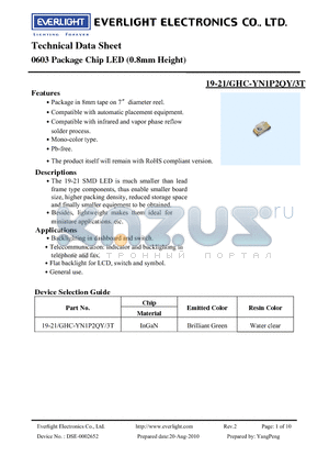 19-21-GHC-YN1P2QY-3T datasheet - 0603 Package Chip LED (0.8mm Height)