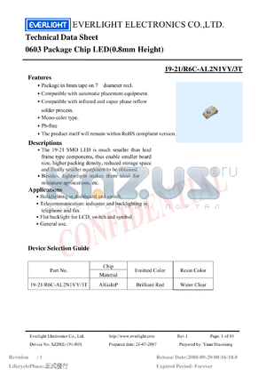 19-21-R6C-AL2N1VY-3T datasheet - 0603 Package Chip LED(0.8mm Height)