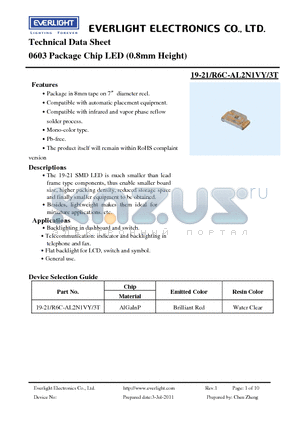 19-21-R6C-AL2N1VY-3T datasheet - 0603 Package Chip LED (0.8mm Height)