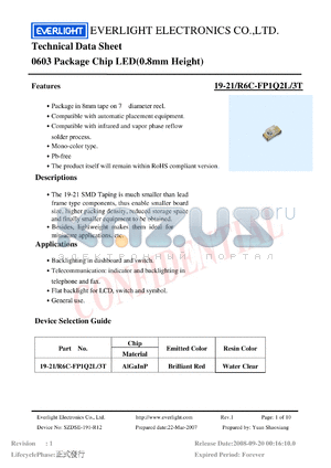 19-21-R6C-FP1Q2L-3T datasheet - 0603 Package Chip LED(0.8mm Height)