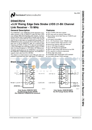 DS90CR218 datasheet - 3.3V Rising Edge Data Strobe LVDS 21-Bit Channel Link Receiver - 75 MHz