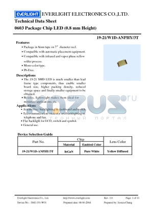 19-21-W1D-ANPHY-3T datasheet - 0603 Package Chip LED (0.8 mm Height)