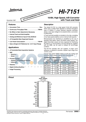 HI3-7151K-5 datasheet - 10-Bit, High Speed, A/D Converter with Track and Hold