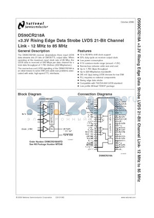 DS90CR218A datasheet - 3.3V Rising Edge Data Strobe LVDS 21-Bit Channel Link - 12 MHz to 85 MHz