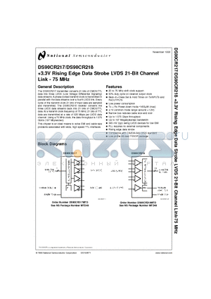 DS90CR217MTD datasheet - 3.3V Rising Edge Data Strobe LVDS 21-Bit Channel Link - 75 MHz