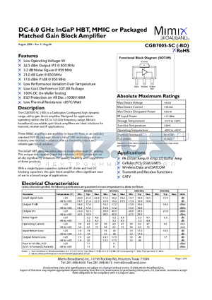 CGB7005-SC_0608 datasheet - DC-6.0 GHz InGaP HBT, MMIC or Packaged Matched Gain Block Amplifier