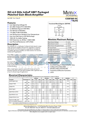 CGB7005-SC_07 datasheet - DC-6.0 GHz InGaP HBT Packaged Matched Gain Block Amplifier