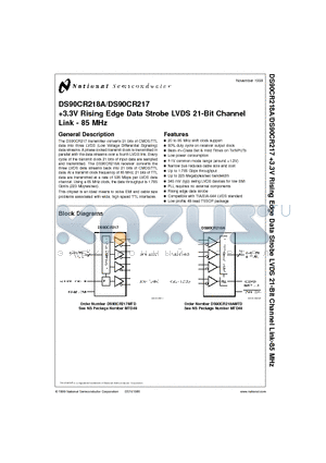 DS90CR217MTD datasheet - 3.3V Rising Edge Data Strobe LVDS 21-Bit Channel Link - 85 MHz