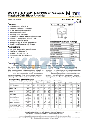 CGB7005-BD datasheet - DC-6.0 GHz InGaP HBT, MMIC or Packaged, Matched Gain Block Amplifier