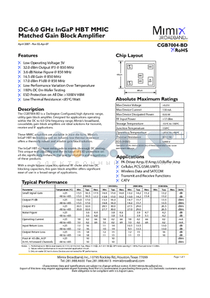 CGB7004-BD-000V datasheet - DC-6.0 GHz InGaP HBT MMIC Matched Gain Block Amplifier