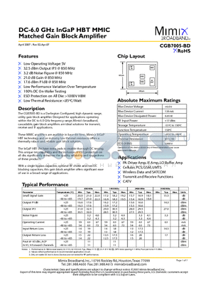 CGB7005-BD datasheet - DC-6.0 GHz InGaP HBT MMIC Matched Gain Block Amplifier