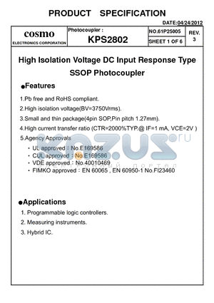 KPS2802_12 datasheet - High Isolation Voltage DC Input Response Type SSOP Photocoupler