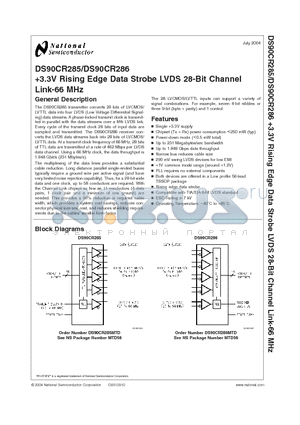 DS90CR285MTD datasheet - 3.3V Rising Edge Data Strobe LVDS 28-Bit Channel Link-66 MHz