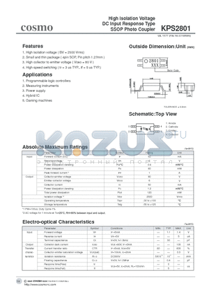 KPS2801 datasheet - High Isolation Voltage DC Input Response Type SSOP Photo Coupler