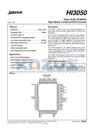 HI3050 datasheet - Triple 10-Bit, 50 MSPS, High Speed, 3-Channel D/A Converter
