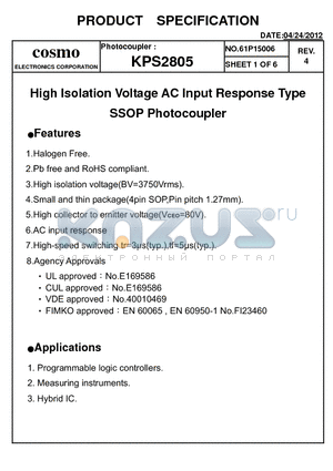 KPS2805_12 datasheet - High Isolation Voltage AC Input Response Type SSOP Photocoupler