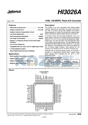 HI3026AJCQ datasheet - 8-Bit, 140 MSPS, Flash A/D Converter