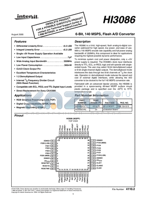 HI3086 datasheet - 6-Bit, 140 MSPS, Flash A/D Converter