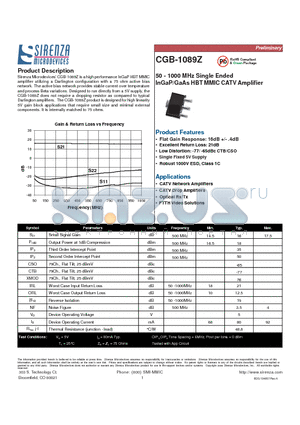 CGB-1089Z datasheet - 50 - 1000 MHz Single Ended InGaP/GaAs HBT MMIC CATV Amplifier