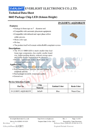 19-213-B7C-AQ2S1B2-3T datasheet - 0603 Package Chip LED (0.6mm Height)