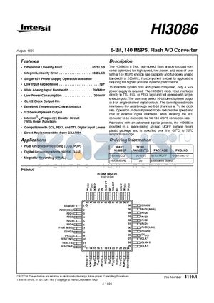 HI3086EVAL datasheet - 6-Bit, 140 MSPS, Flash A/D Converter