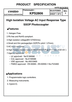 KPS2806_12 datasheet - High Isolation Voltage AC Input Response Type SSOP Photocoupler