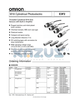 E3F2-DS10Z1N datasheet - M18 Cylindrical Photoelectric