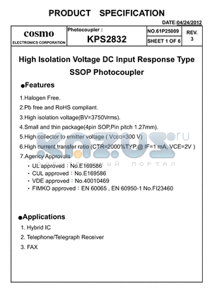 KPS2832_12 datasheet - High Isolation Voltage DC Input Response Type SSOP Photocoupler
