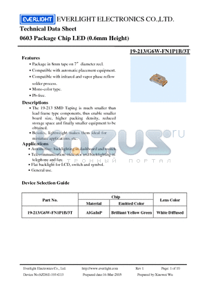 19-213-G6W-FN1P1B-3T datasheet - 0603 Package Chip LED (0.6mm Height)