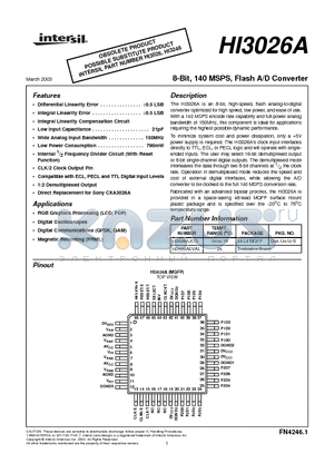 HI3026AJCQ datasheet - 8-Bit, 140 MSPS, Flash A/D Converter